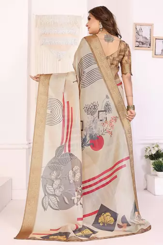 Beige soft tissue silk digital art printed saree with zari jacquard weaving border