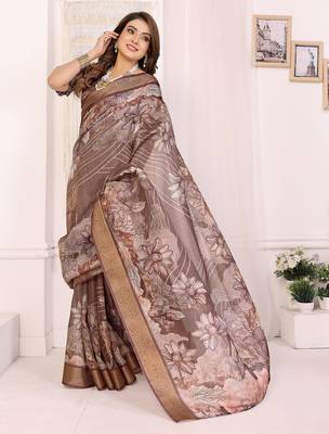 Primarily brown soft tissue silk floral digital printed saree with zari jacquard weaving border 3