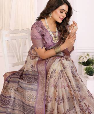 Lavender  soft tissue silk floral digital printed saree with zari jacquard weaving border 5