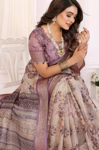 Lavender  soft tissue silk floral digital printed saree with zari jacquard weaving border