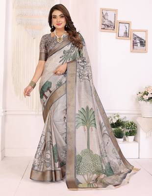 Cream soft tissue silk digital art printed saree with zari jacquard weaving border 1