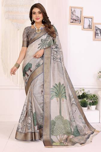 Cream soft tissue silk digital art printed saree with zari jacquard weaving border