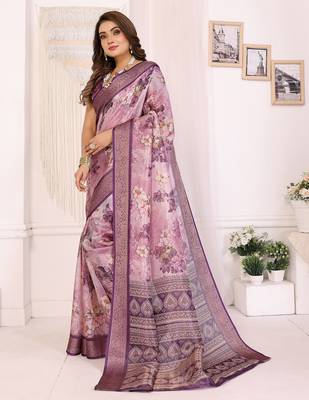 Dusty purple soft tissue silk floral digital printed saree with zari jacquard weaving border 2