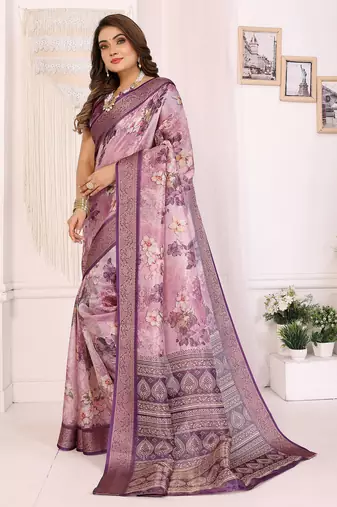 Dusty purple soft tissue silk floral digital printed saree with zari jacquard weaving border