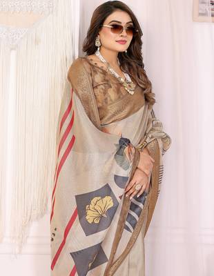 Beige soft tissue silk digital art printed saree with zari jacquard weaving border 5
