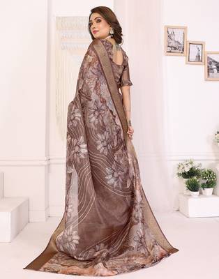 Primarily brown soft tissue silk floral digital printed saree with zari jacquard weaving border 4