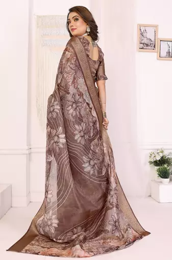 Primarily brown soft tissue silk floral digital printed saree with zari jacquard weaving border