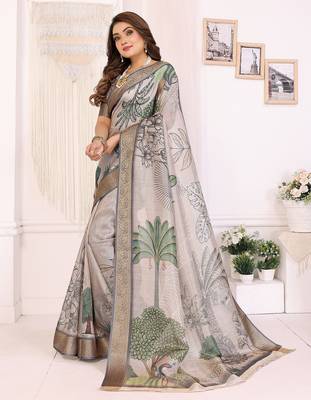 Cream soft tissue silk digital art printed saree with zari jacquard weaving border 2