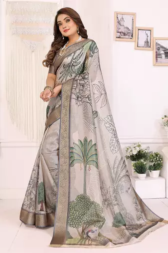 Cream soft tissue silk digital art printed saree with zari jacquard weaving border