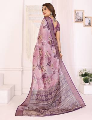 Dusty purple soft tissue silk floral digital printed saree with zari jacquard weaving border 3