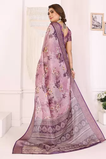 Dusty purple soft tissue silk floral digital printed saree with zari jacquard weaving border