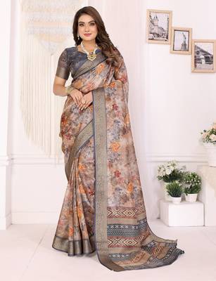 Brown soft tissue silk floral digital printed saree with zari jacquard weaving border 1
