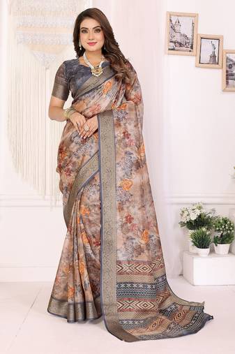 Brown soft tissue silk floral digital printed saree with zari jacquard weaving border