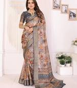 Brown soft tissue silk floral digital printed saree with zari jacquard weaving border