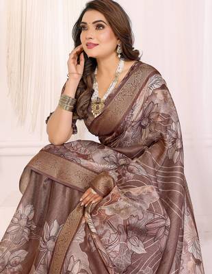 Primarily brown soft tissue silk floral digital printed saree with zari jacquard weaving border 5