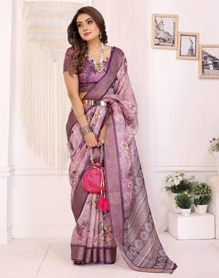 Dusty purple soft tissue silk floral digital printed saree with zari jacquard weaving border 4