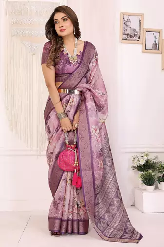 Dusty purple soft tissue silk floral digital printed saree with zari jacquard weaving border