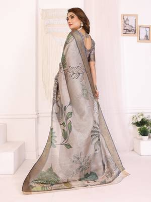 Cream soft tissue silk digital art printed saree with zari jacquard weaving border 3