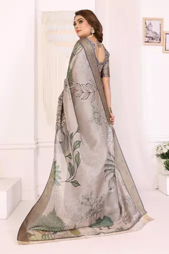 Cream soft tissue silk digital art printed saree with zari jacquard weaving border