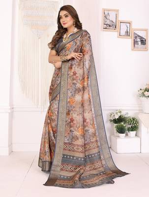 Brown soft tissue silk floral digital printed saree with zari jacquard weaving border 2