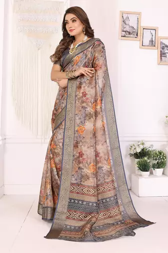 Brown soft tissue silk floral digital printed saree with zari jacquard weaving border