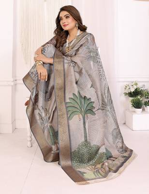 Cream soft tissue silk digital art printed saree with zari jacquard weaving border 4