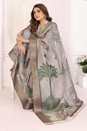 Cream soft tissue silk digital art printed saree with zari jacquard weaving border