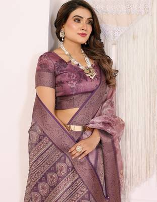 Dusty purple soft tissue silk floral digital printed saree with zari jacquard weaving border 5