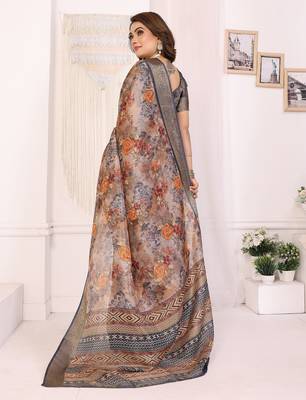Brown soft tissue silk floral digital printed saree with zari jacquard weaving border 3