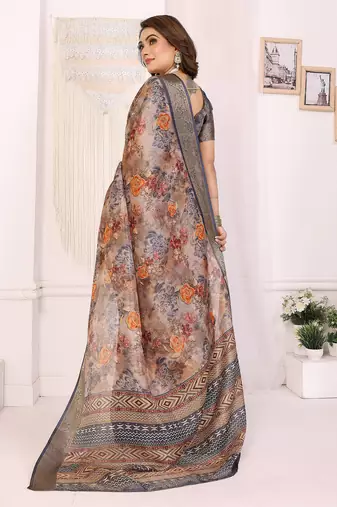 Brown soft tissue silk floral digital printed saree with zari jacquard weaving border