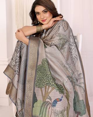 Cream soft tissue silk digital art printed saree with zari jacquard weaving border 5