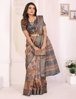 Brown soft tissue silk floral digital printed saree with zari jacquard weaving border 4