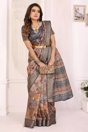 Brown soft tissue silk floral digital printed saree with zari jacquard weaving border