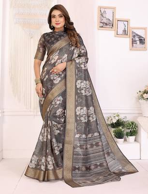 Dark grey soft tissue silk floral digital printed saree with zari jacquard weaving border 1