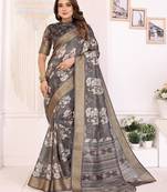 Dark grey soft tissue silk floral digital printed saree with zari jacquard weaving border