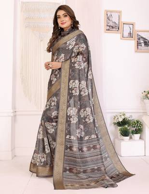 Dark grey soft tissue silk floral digital printed saree with zari jacquard weaving border 2