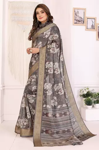 Dark grey soft tissue silk floral digital printed saree with zari jacquard weaving border