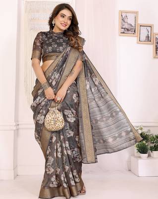 Dark grey soft tissue silk floral digital printed saree with zari jacquard weaving border 3