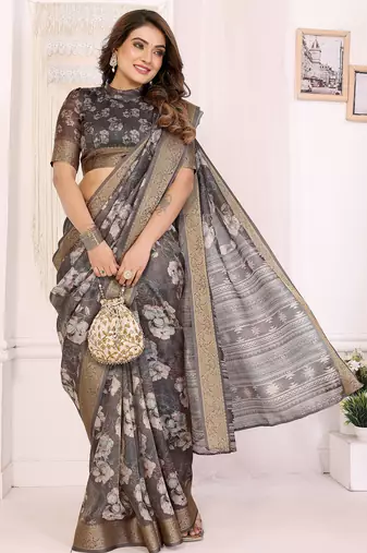 Dark grey soft tissue silk floral digital printed saree with zari jacquard weaving border