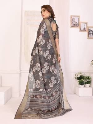 Dark grey soft tissue silk floral digital printed saree with zari jacquard weaving border 4