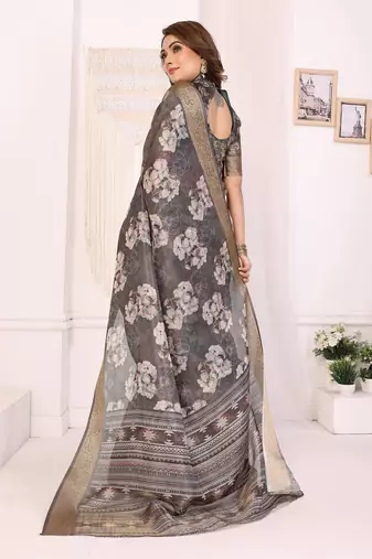 Dark grey soft tissue silk floral digital printed saree with zari jacquard weaving border