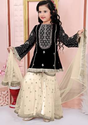 Black embroidered cotton silk a line kids salwar suits 1