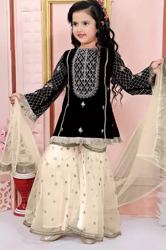 Black embroidered cotton silk a line kids salwar suits