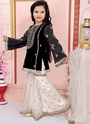 Black embroidered cotton silk a line kids salwar suits 2
