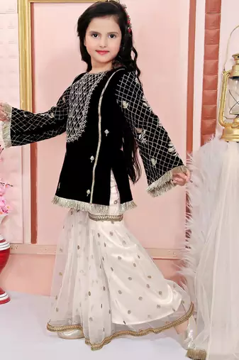 Black embroidered cotton silk a line kids salwar suits