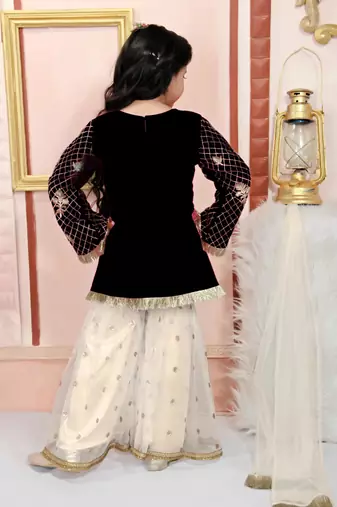 Black embroidered cotton silk a line kids salwar suits
