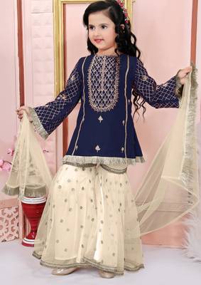 Blue embroidered cotton silk a line kids salwar suits 1
