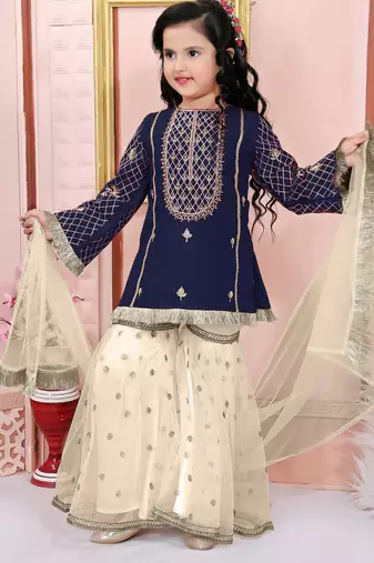 Blue embroidered cotton silk a line kids salwar suits