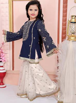 Blue embroidered cotton silk a line kids salwar suits 2