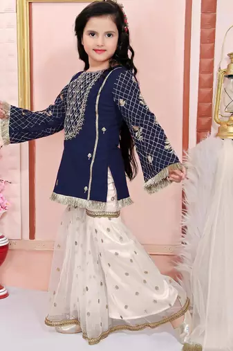 Blue embroidered cotton silk a line kids salwar suits